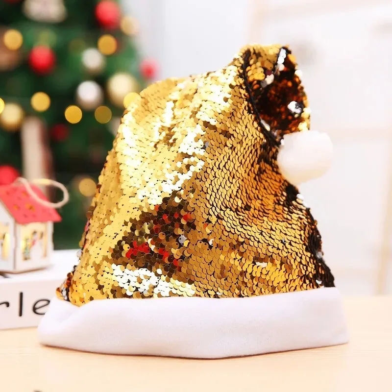 Christmas decoration supplies, double-sided flip sequin hat, colored bead pick, adult dance party, Santa Claus Christmas hat