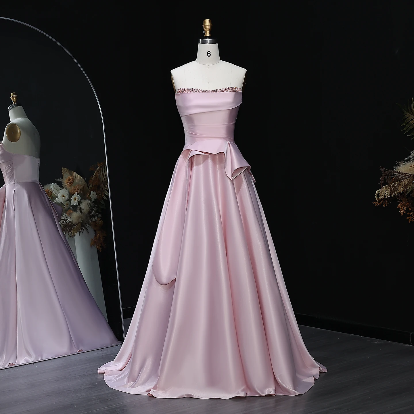 Pink Satin Sheath Strapless Gala Dress with Waist Sash