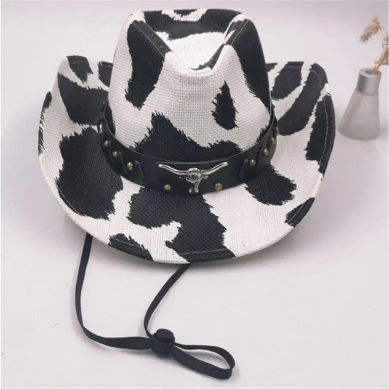 P88A Ethnic Straw Hat Rolled Brims Hat Cowboy for Stage Performances