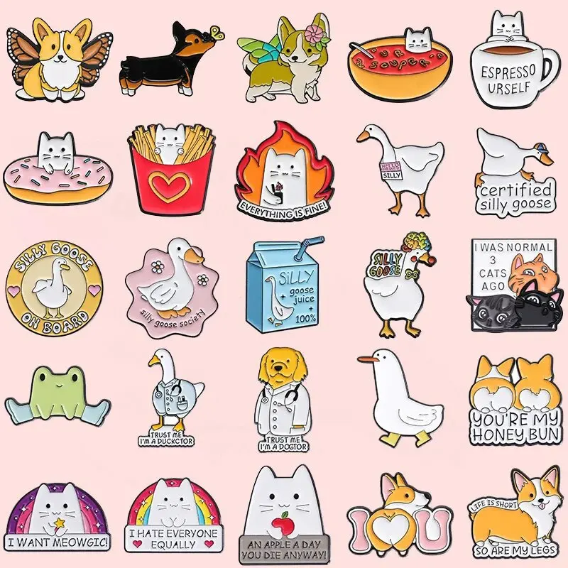 Cute enamel pins with cats, corgis, ducks, and funny animal quotes like “Silly Goose” and “I’m a Ducktor”