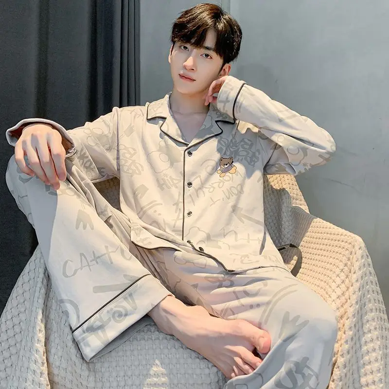 Spring Autumn 2024 New Cotton Long Sleeve Pajamas Cartoon Thin Nightdress Men's Loose Casual Nightgown Lapel Print Home Wear Set