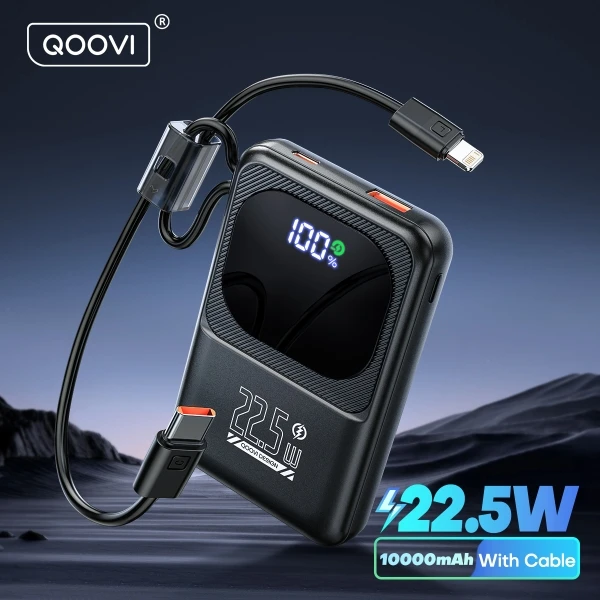 US $31.35 | Qoovi powerbank דק 10000mah מובנה כבל 22.5w טעינה מהירה סוללה חיצונית ניידת עבור Samsung s23 xiaomi