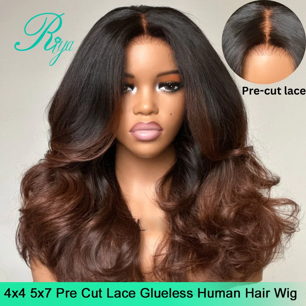 Ombre Chocolate Brown 4X4 5X7 Pre Cut Glueless Wig Body Wave Wig Brazilian Human Hair Glueless 360 Full Lace Wigs for Women