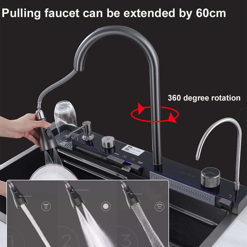 Sink Waterfall Kitchen Sink Large Single Slot Integrated Digital Display Faucet Set Kitchen Utensils Set Cold Hot Water Mixer 3