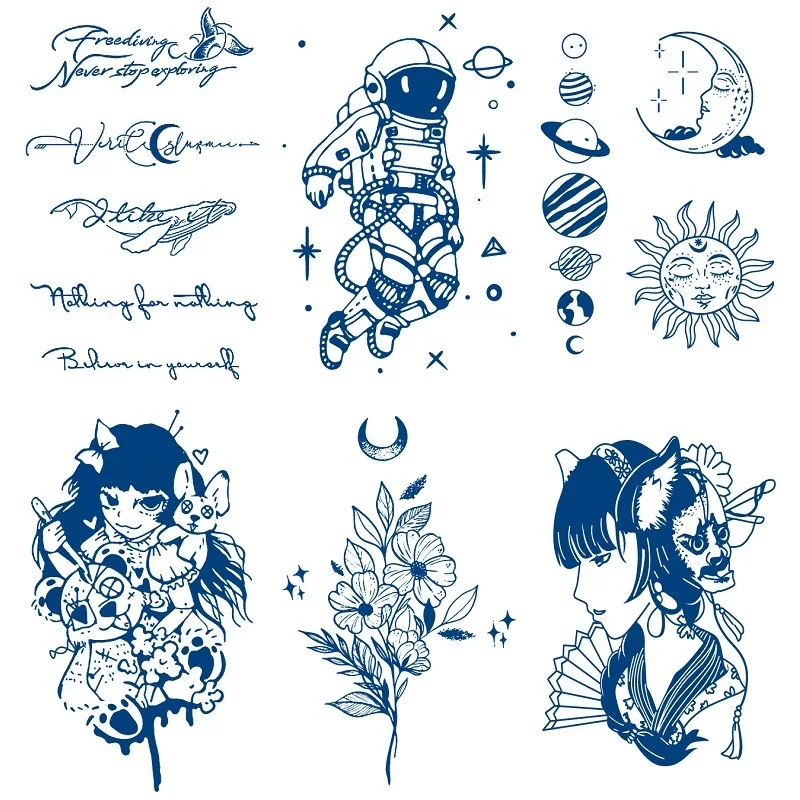 

Henna Temporary Tattoos for Adult Women Girl Waterproof English Goldfish Astronaut Star Chain Realistic Ink Juice Tattoo Sticker