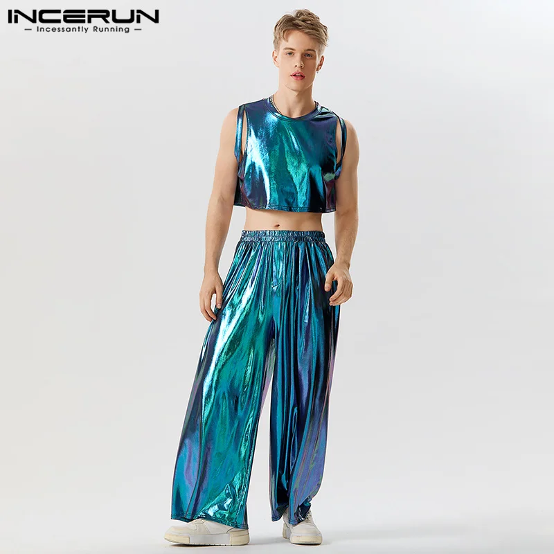 INCERUN 2023 Fashionable Men Sets Bright Glossy Short Tank Tops Wide Leg Pant Stylish Male Solid Comfortable Suit 2 Pieces S-5XL