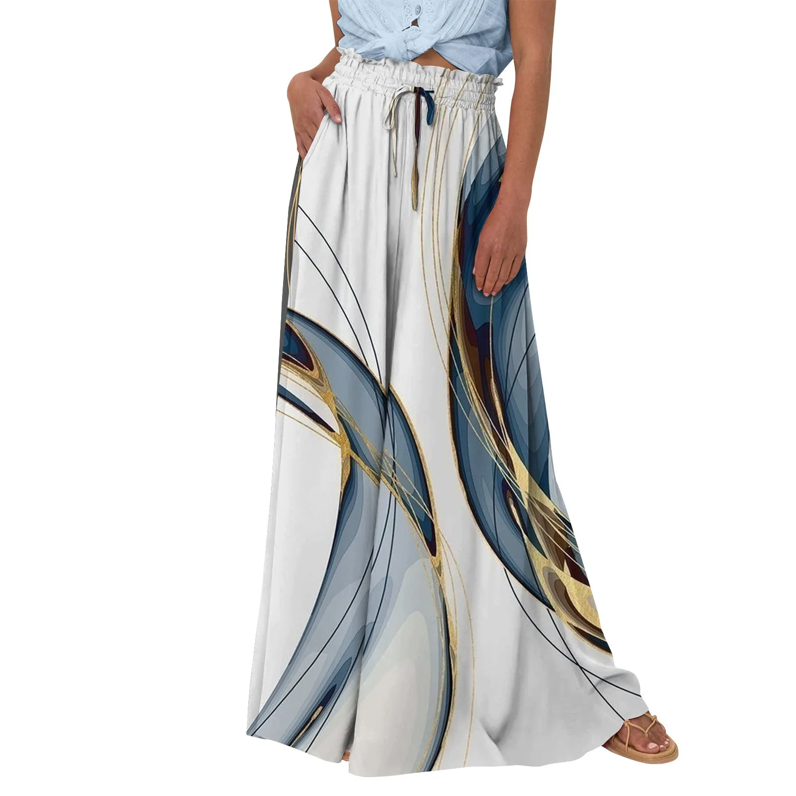

Women High Waisted Wide Leg Pants Summer Casual Flowy Palazzo Pants Print Beach Trousers Pantalon Pierna Ancha De Mujer