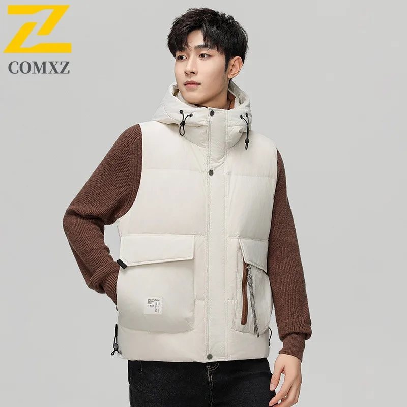Winter Men's Down Sports Vest Hooded Workwear  Waterproof Windproof Fashion Solid Color Jacket for Hiking Camping Fishing  2025