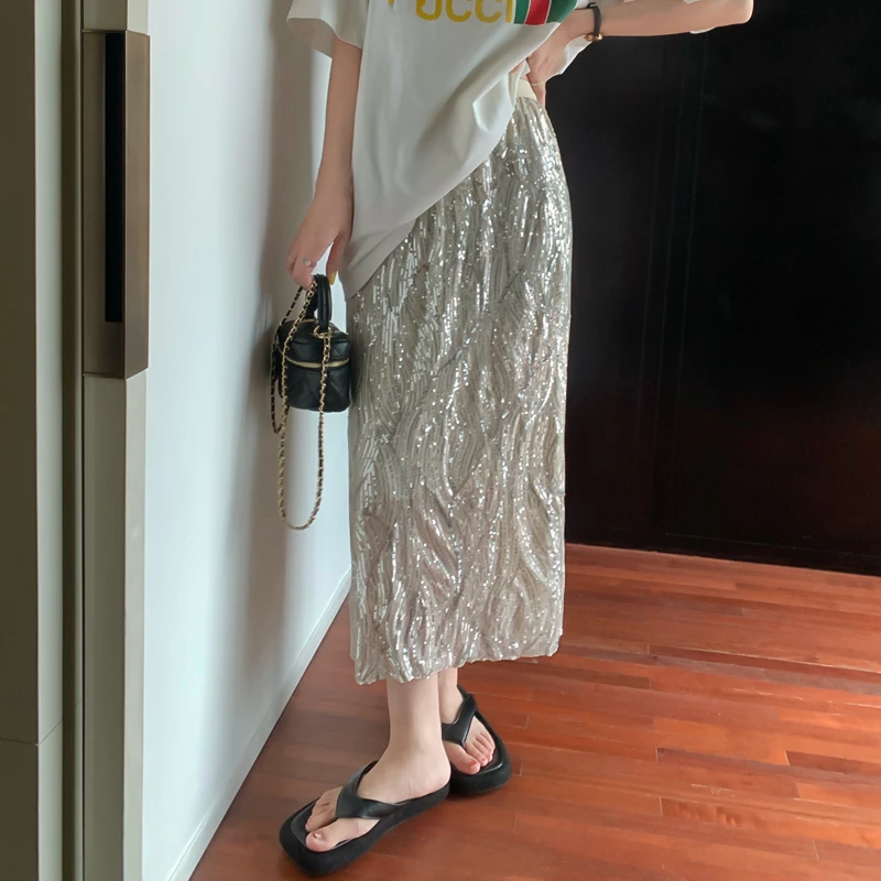 

Slim Sequined Ankle Skirts Summer Elegant Women Elastic High Waist Split Shiny Maxi One Step Skirt Cocktail Party Sexy Skirts