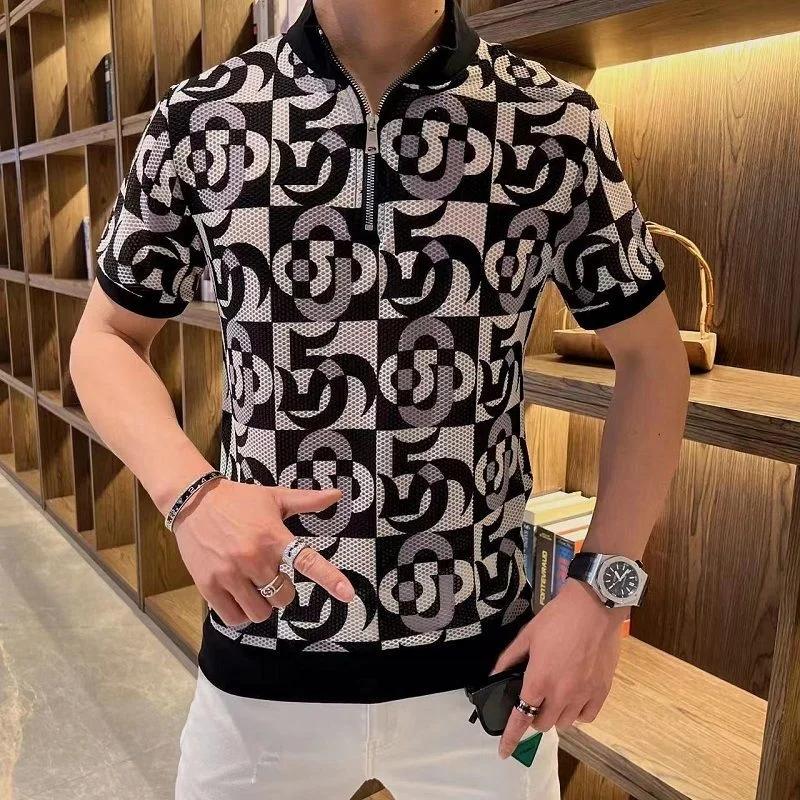 European Color Contrast Flower Print Polo Shirt Camisa Polo Masculina Stand  Collar Zipper Mesh Hollow Short Sleeve Polo Hombre