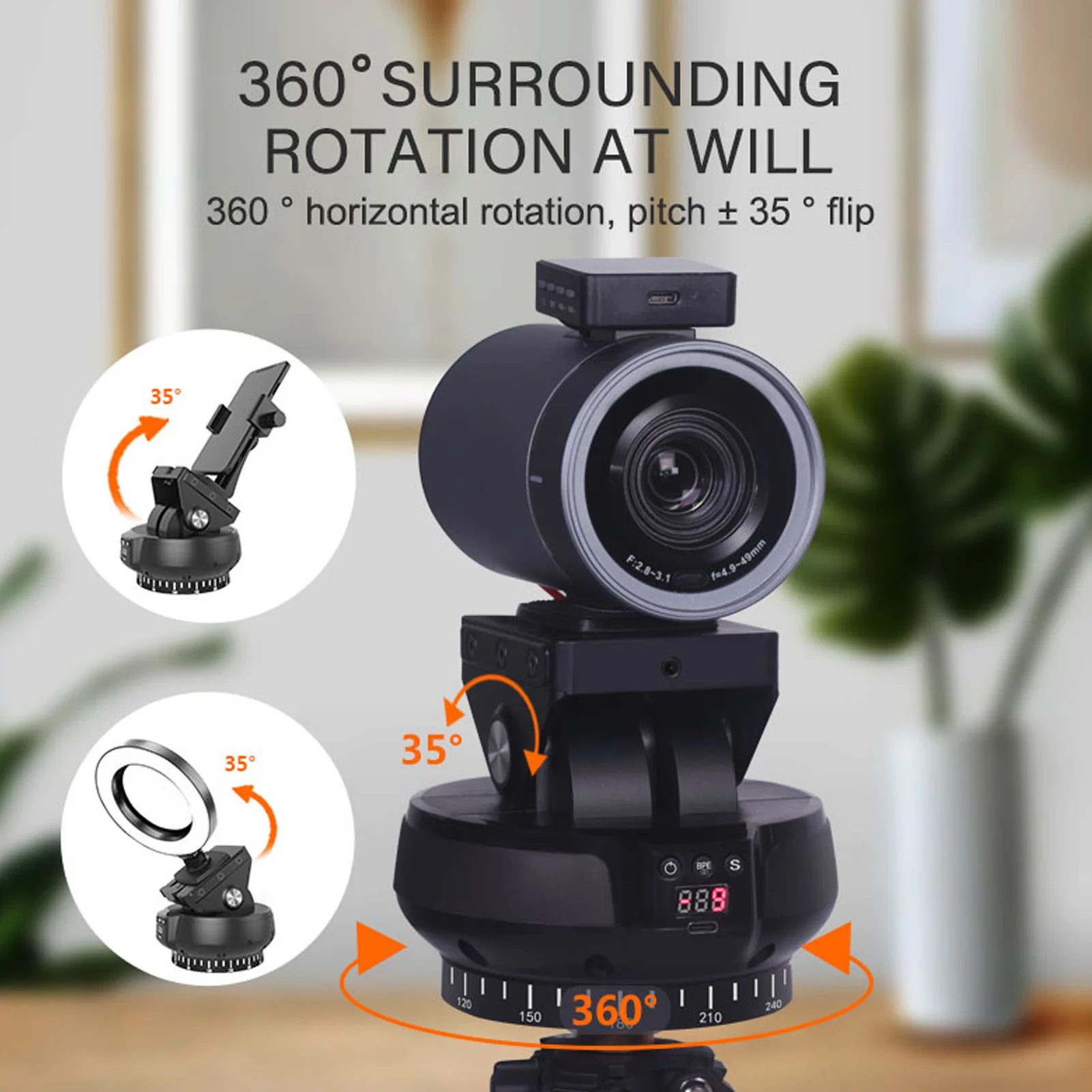 Wireless Electric Tripod Head 9 Gears Adjustable 1/4in Screw Hole Remote Control AI Face Tracking Panoramic Head for Shooting