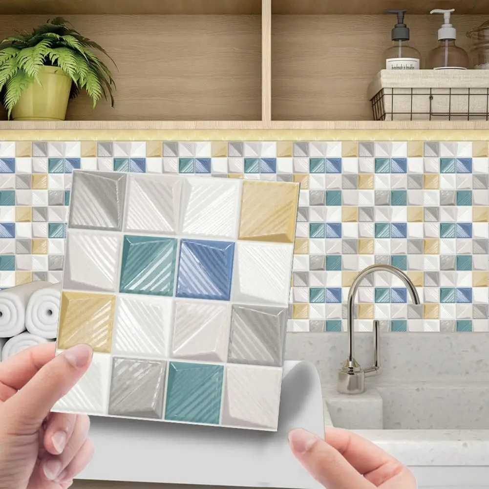 10Pcs/Set Tile Decal Convenient Durable Delicate PVC Self-adhesive 3D Tile Decal Wall for Kitchen