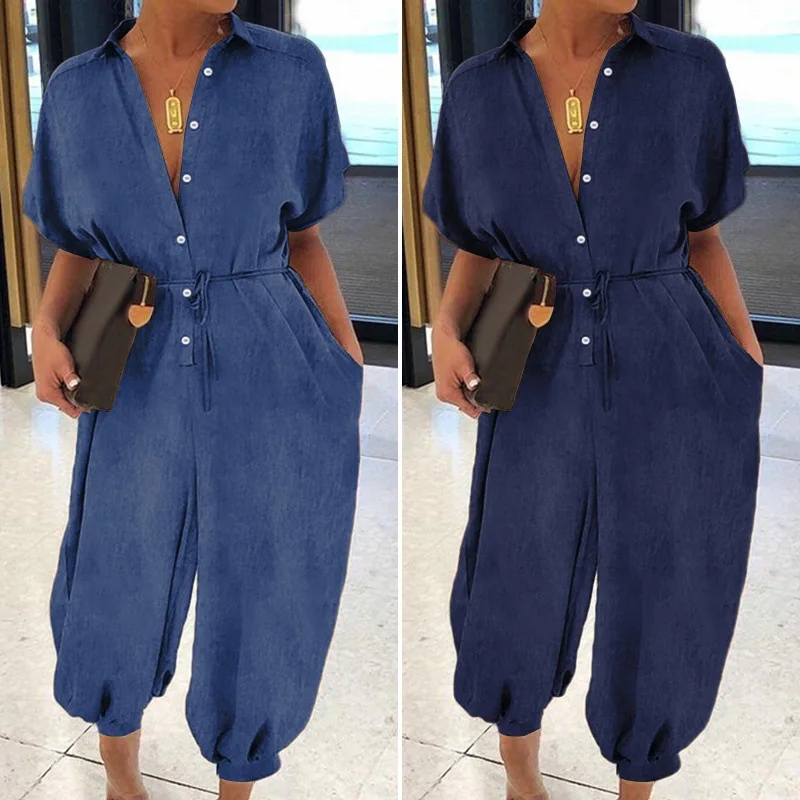 

2023 Women Loose Denim Jumpsuits Bloomers Pants Short Sleeve Waist Tie Up Harem Pants One Piece Romper for Ladies