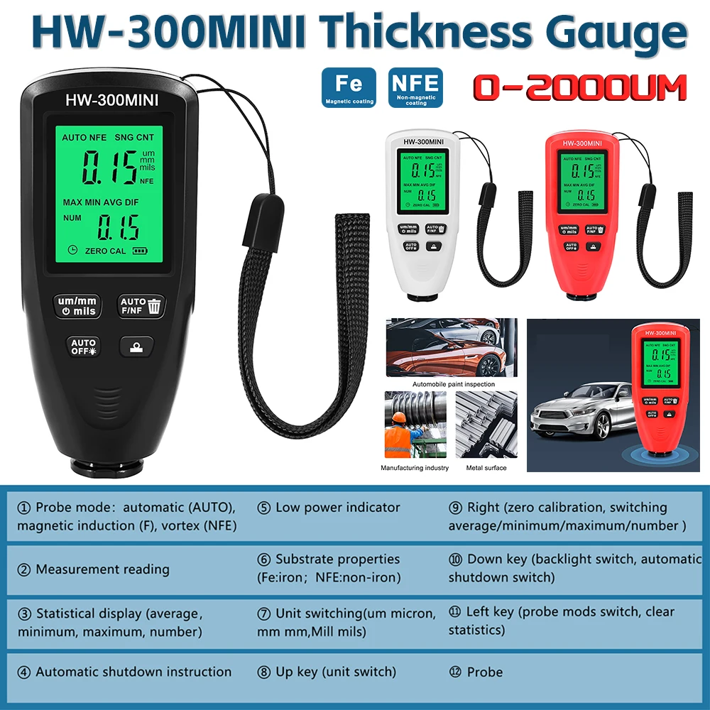 HW300 Mini Coating Thickness Gauge Tester Auto Paint Check Car Paint