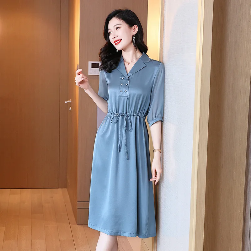 

Heavy Silk Twill Dress Medium Sleeve Suit Collar Fashion Quality Medium Long Style Slim Temperament Mulberry Silk Dresses