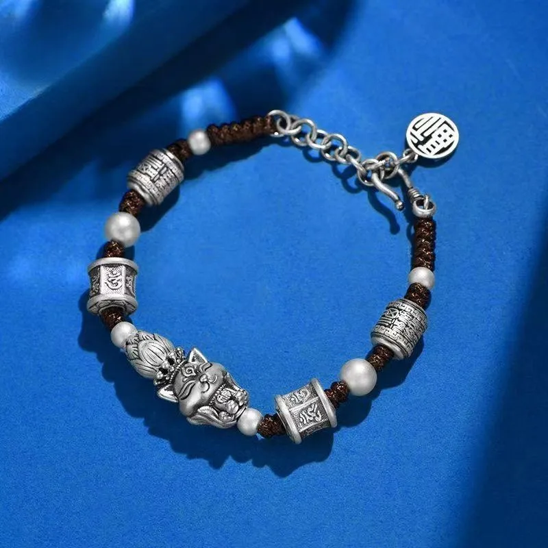 

Новый Серебряный браслет XS S925 с девятью хвостами, лисицей, шесть слов, Baifu, старинный Плетеный вручную винтажный китайский Шикарный Браслет