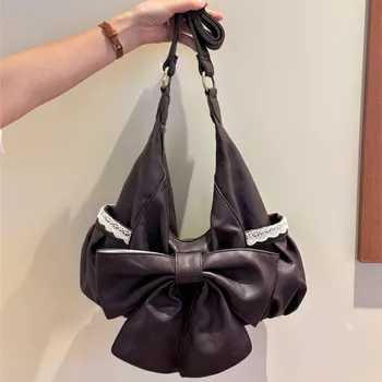 Borsa tote coreana in pizzo con fiocco retrò da donna Borsa a tracolla di grande capacità in morbida pelle marrone da donna Borsa a tracolla Harajuku dolce e carina Novità