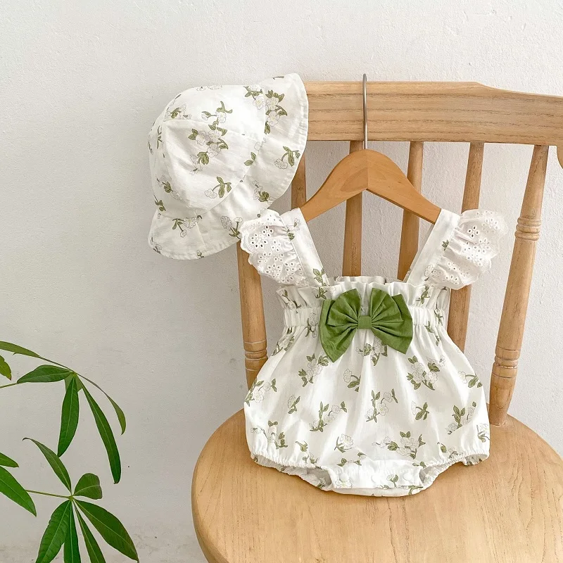 

Summer Baby Girl Clothes 0-24Months Newborn Princess Ruffles Sleeve Square Collar Flower Romper Bow Bodysuit Hat 2PCS Outfits