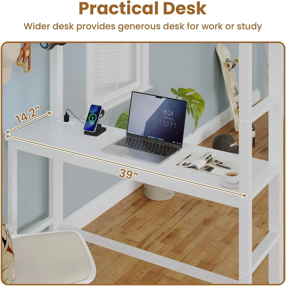 Twin Loft Bed with Desk & 8 Drawers Tall Dresser, Metal Loft Bed with LED Lights & Charging Station, 2-Tier Storage Shelves, Sta 4