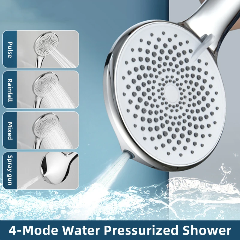 

New Shower Head Rainfall Bathroom 4 Modes Pressurized Hand Shower Chrome Water-Saving Nozzle Adjustable Black Showerheads