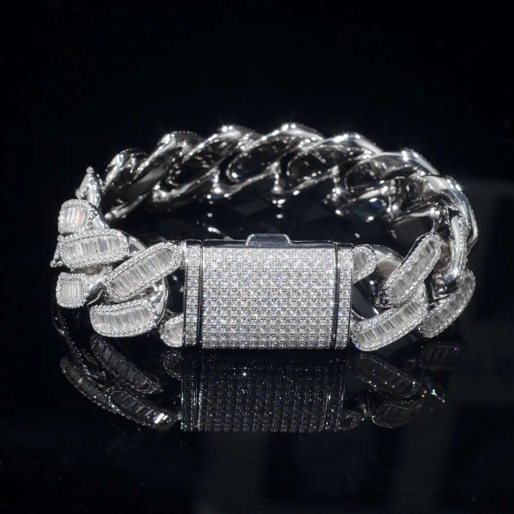 

Hip Hop Jewelry 24mm Baguette d Color Vvs Moissanite 925 Silver Iced Out Miami Cuban Link Bracelet