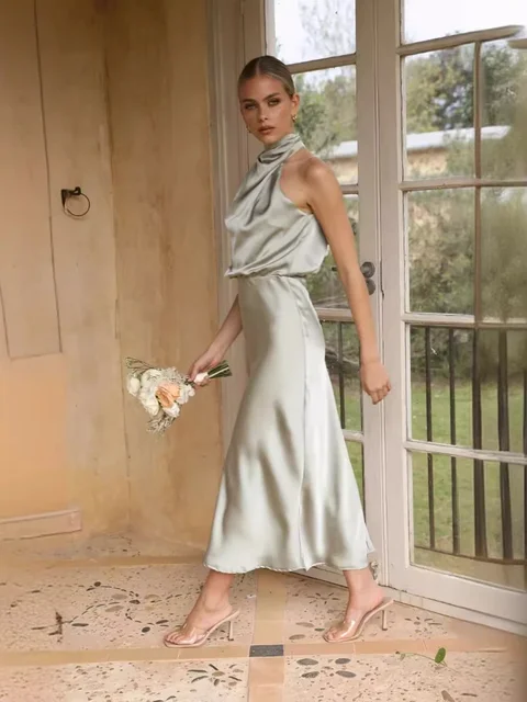 2025 Summer Fashion New Women's Elegant Banquet Style Elegant Solid Color Stacked Collar Sleeveless Sexy Party Style Long Dress 5