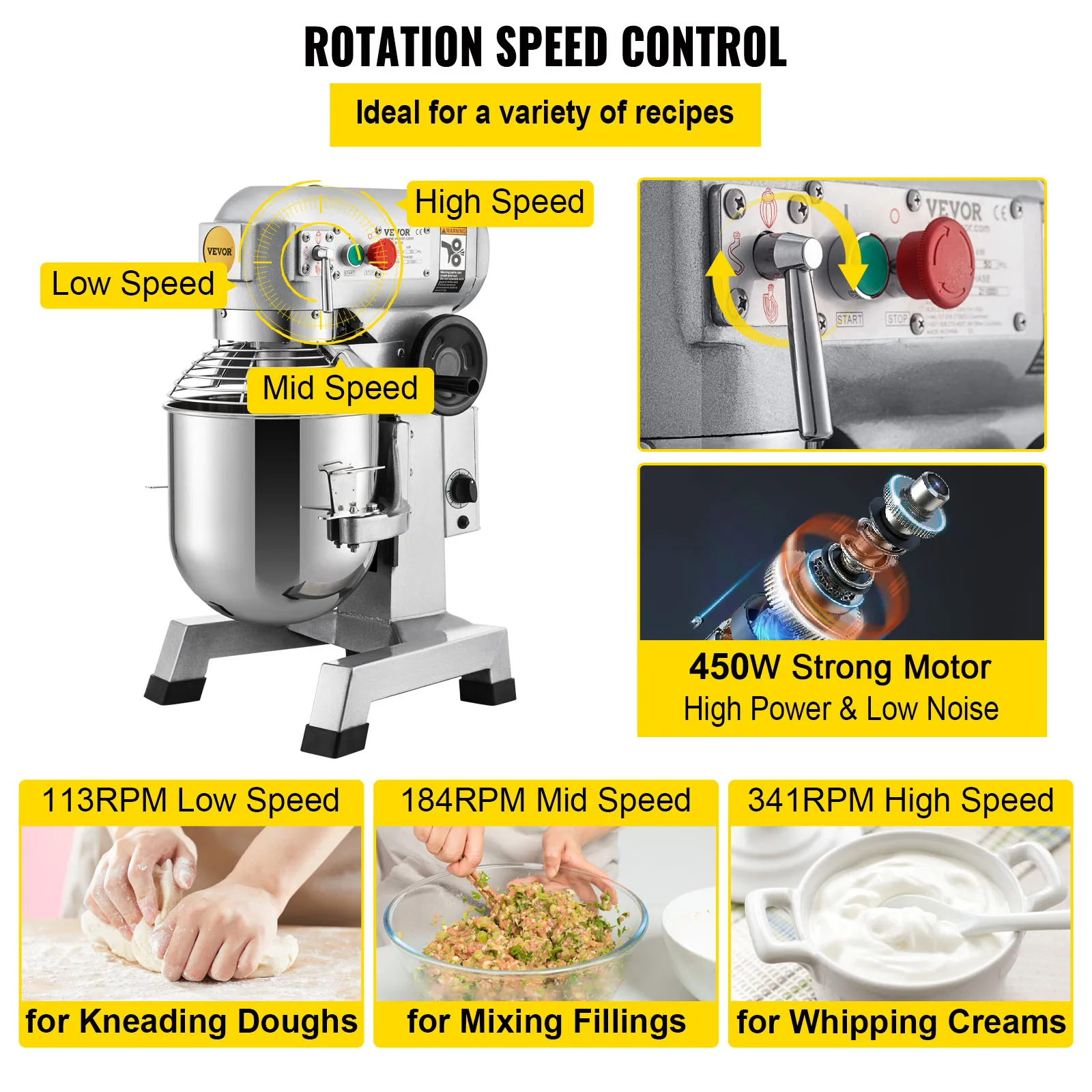 VEVORCommercial Food Mixer 10/15/20/30 Qt  with Timing Function  Stainless Steel Bowl Heavy Duty Electric Food Mixer Pizzeria 4