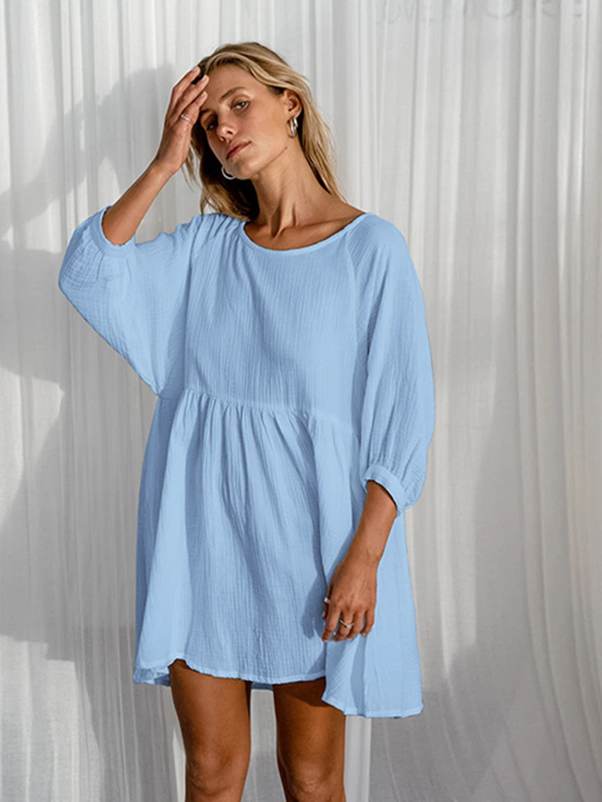 

Marthaqiqi Causal Cotton Women'S Nightwear Three Quarter Sleeve Nightgowns O-Neck Pajamas Cotton Mini Dress Home Clothes Ladies