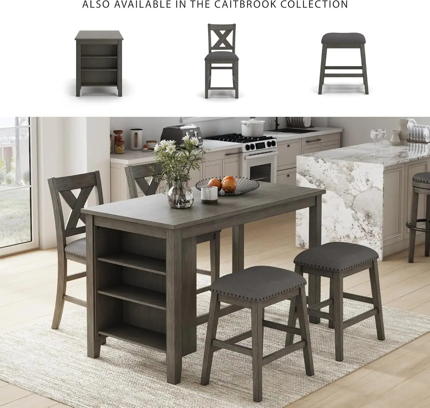 NEW-Caitbrook Rustic Counter Height Dining Table with Storage, Dark Gray