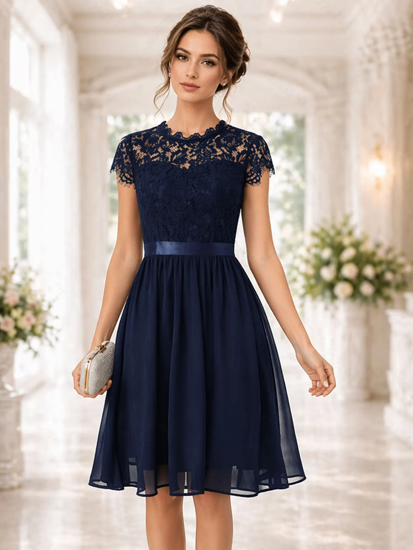 Elegantes Sommerkleid für Damen mit Rundhalsausschnitt, kurzen Ärmeln und Spitze, Retro-Stil für Hochzeiten und Partys, Chiffon-Kleid mit elastischem Gürtel, A-Linien-Schnitt.