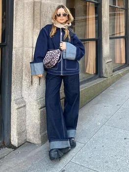 Fashion Denim Jacket Set Women Lapel Single Breasted Long Sleeve Coat Straight Jeans Pants 2025 Spring Lady High Street Outfits 1