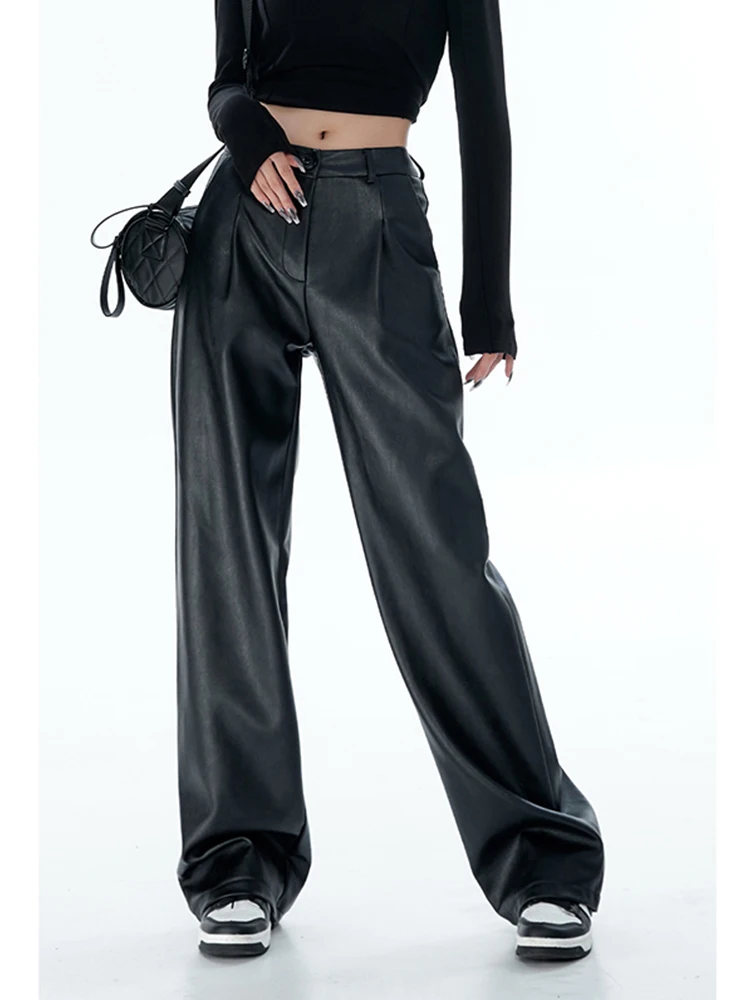 

Women's Leather Pants 2023 New Loose Display Black PU Leather Straight Personality Casual Mopping Wide Leg Pants Free Shipping