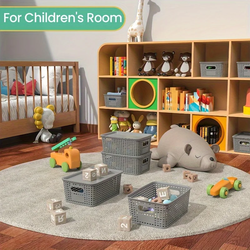 6PCS Stackable Storage Box, Plastic Storage Basket with Lid, Multi-purpose Household, Office, Desktop, Cabinet Storage Container