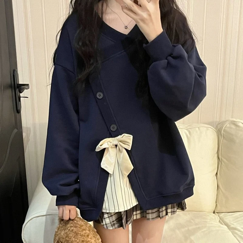 2023 Autumn Winter Fashion V-neck Long Sleeve Sweatshirts Women High Street Bow Patchwork Striped Button Thicken Warm Pullovers