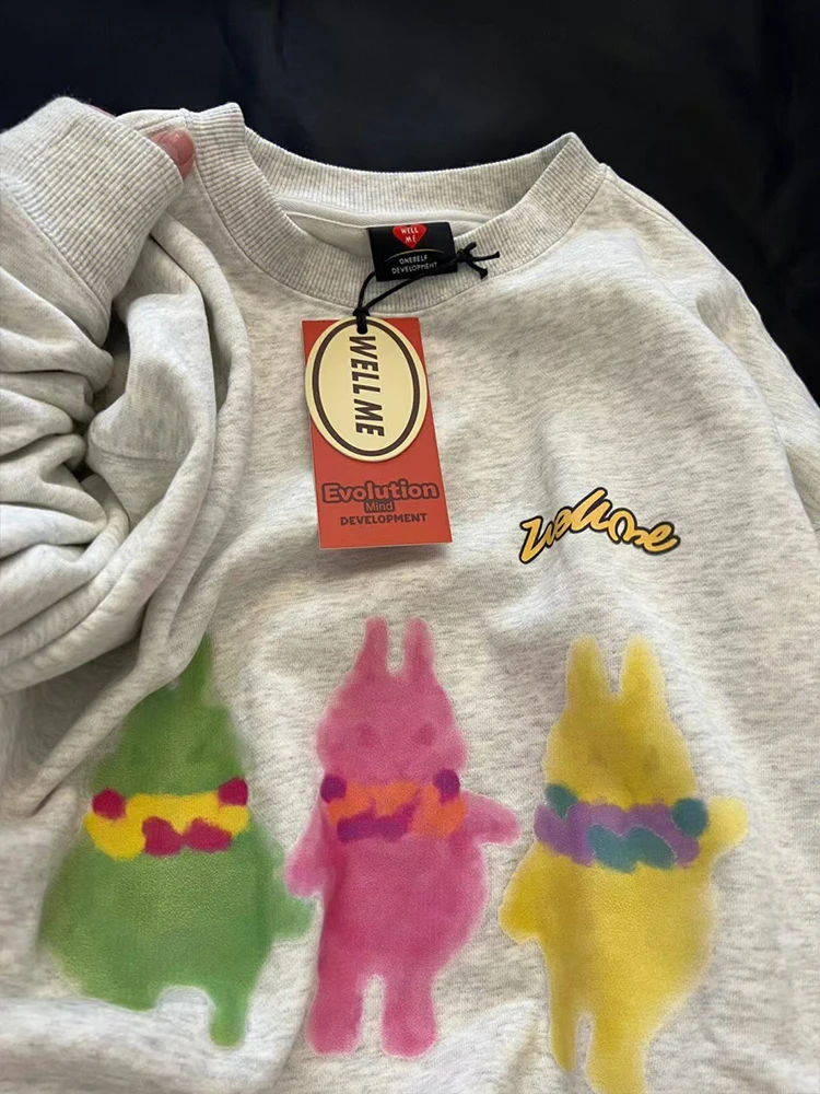 

Fashion Cartoon Print Sweatshirts Women Vintage Tie Dye Crewneck Tops Autumn Long Sleeve Drop-shoulder Pullovers Oversize 2023