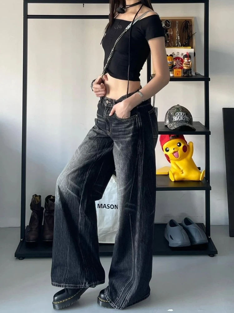 ADAgirl Black Baggy Jeans Women Harajuku Vintage Oversize Do Old Korean Wide Leg Denim Pants Y2k Causal Straight Female Bottoms