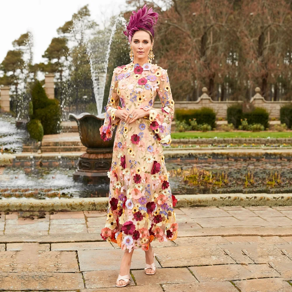 

2023 Long Sleeves 3D Floral Mother of Bride Dresses A-Line Elegant Tea Length Flowers Wedding Guest Dubai Plus Women Party Gown