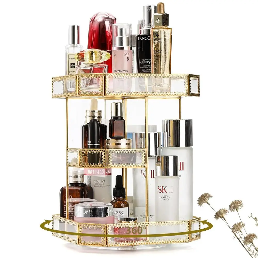 360 Degree Rotating Glass Makeup Organizer Large Cosmetic Storage Display Holder with Adjustable Compartments and Elegant Gold 2