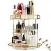 360 Degree Rotating Glass Makeup Organizer Large Cosmetic Storage Display Holder with Adjustable Compartments and Elegant Gold 2