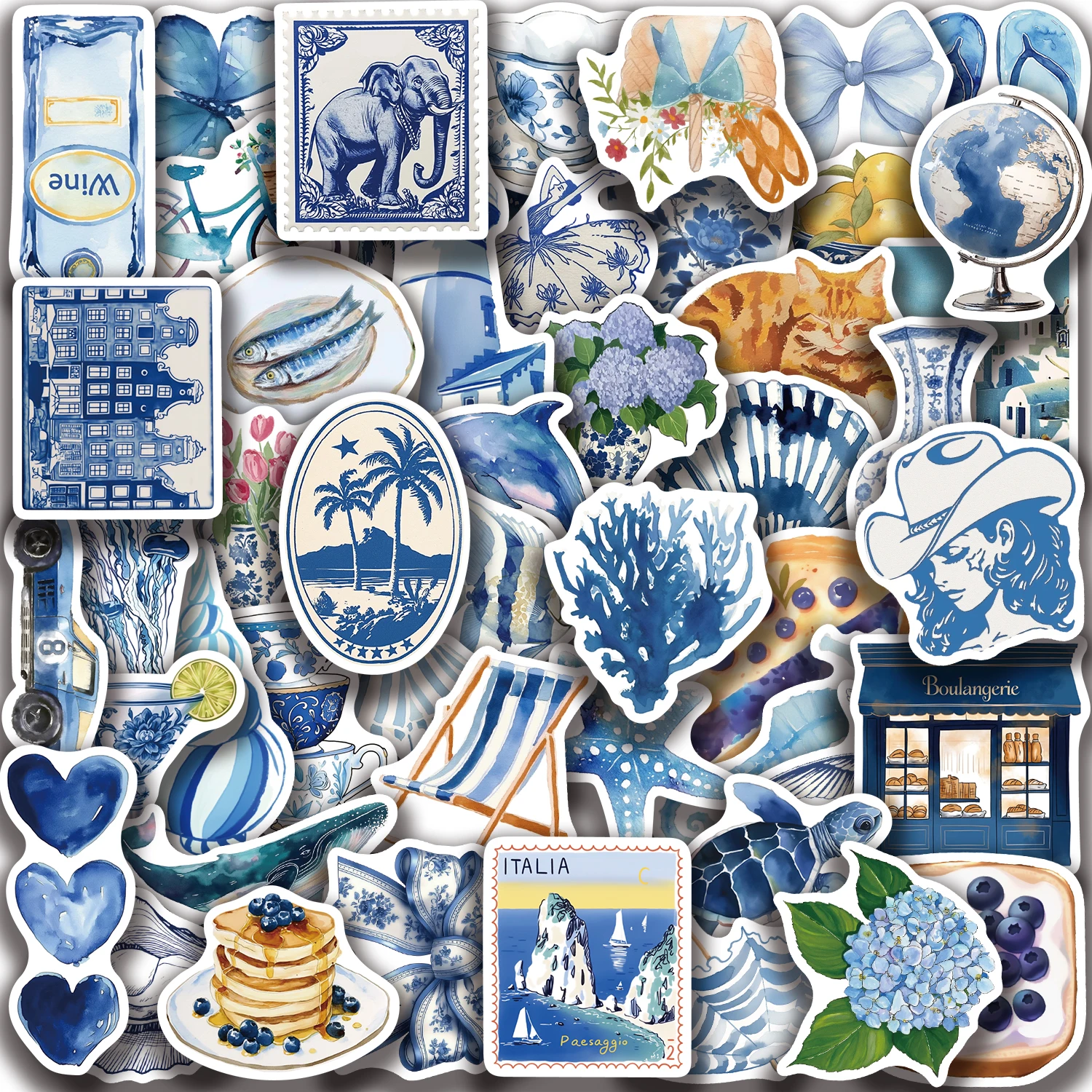 50/100 Stück Niedliche Mediterrane Aufkleber Ästhetische Blaue INS Cartoon-Sticker DIY Scrapbooking Handy Gepäck Wasserdichte Aufkleber Spielzeug – Detail 3