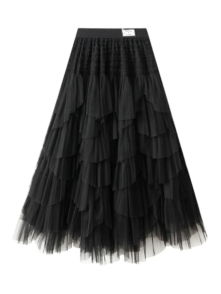

2024 New Casual Irregular Midi Long Cake Women's Skirt High Waist French Style Tulle Mesh Party Summer Skirt Holiday Tutu Skater