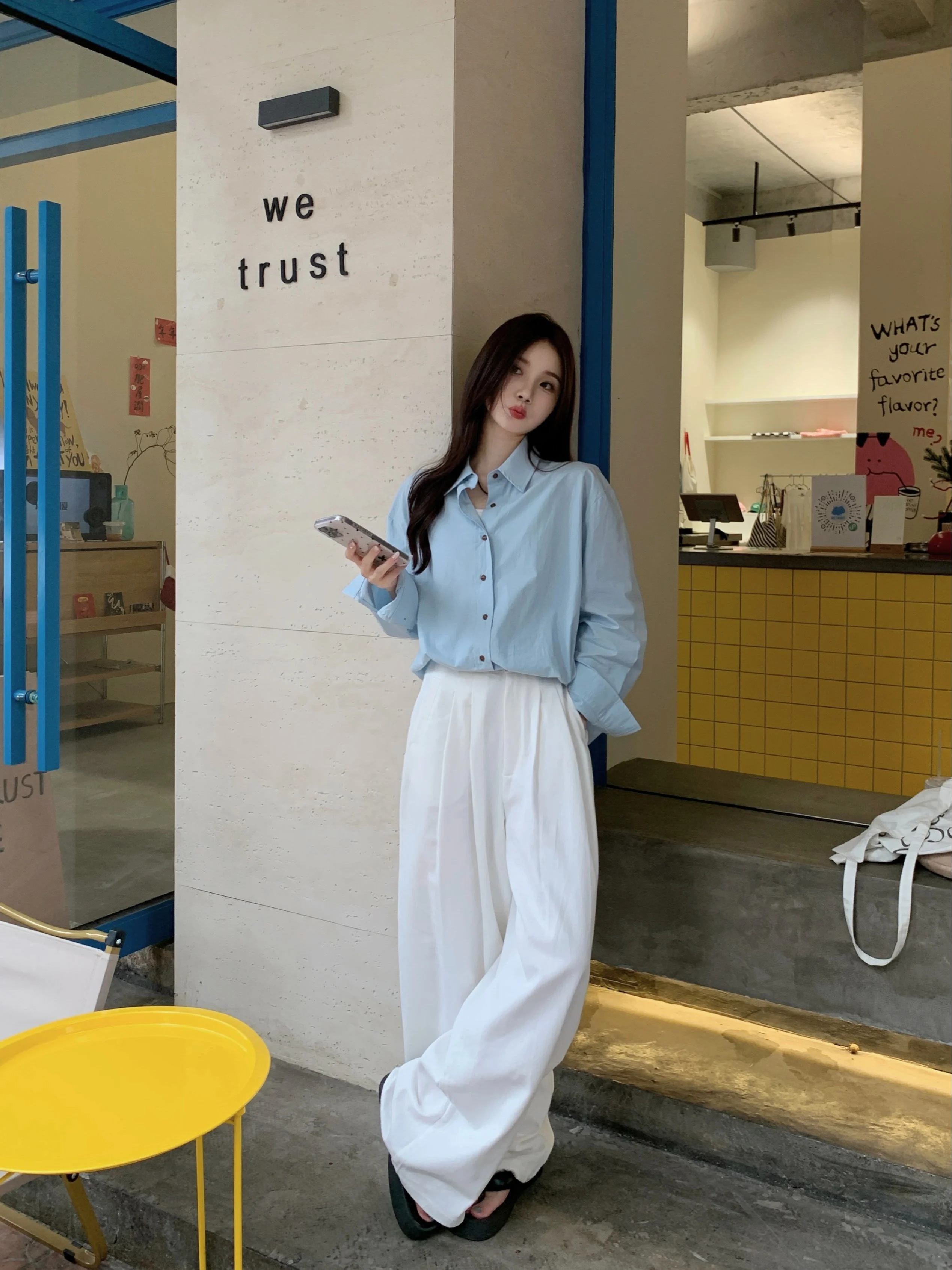 여름 여성 옷깃 캐주얼 긴 소매 셔츠 루즈핏 심플 다용도 탑 와이드 레그 팬츠 2 피스 세트 패셔너블 다용도