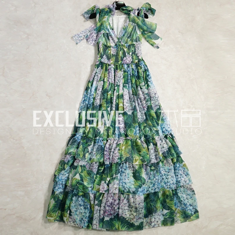 

SVORYXIU Runway Designer Summer Maxi Dress Women's Sexy V-Neck Tiered Ruffles Green Flower Printed High End Long Dress