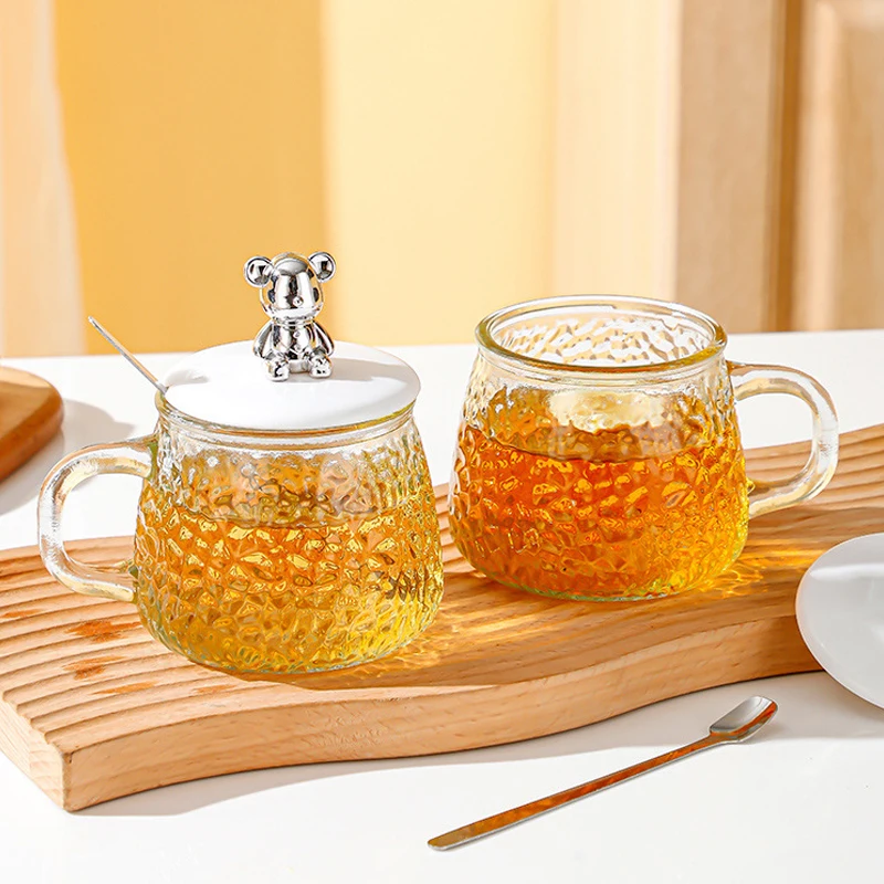 Hammer Pattern Glass Cup with Bear Lid and Spoon, Coffee Cup, Juice Glass Mug, Hand Handle, Tea Cup, Office Drinking, 300/400ml