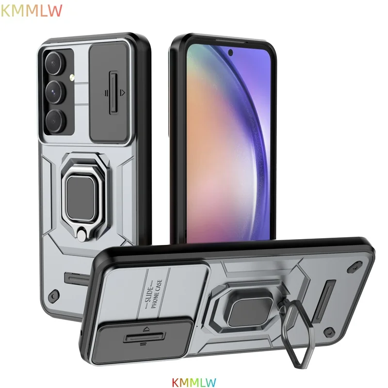 Shockproof Magnetic Ring Holder Armor Case with Slide Lens Camera Protection Cover