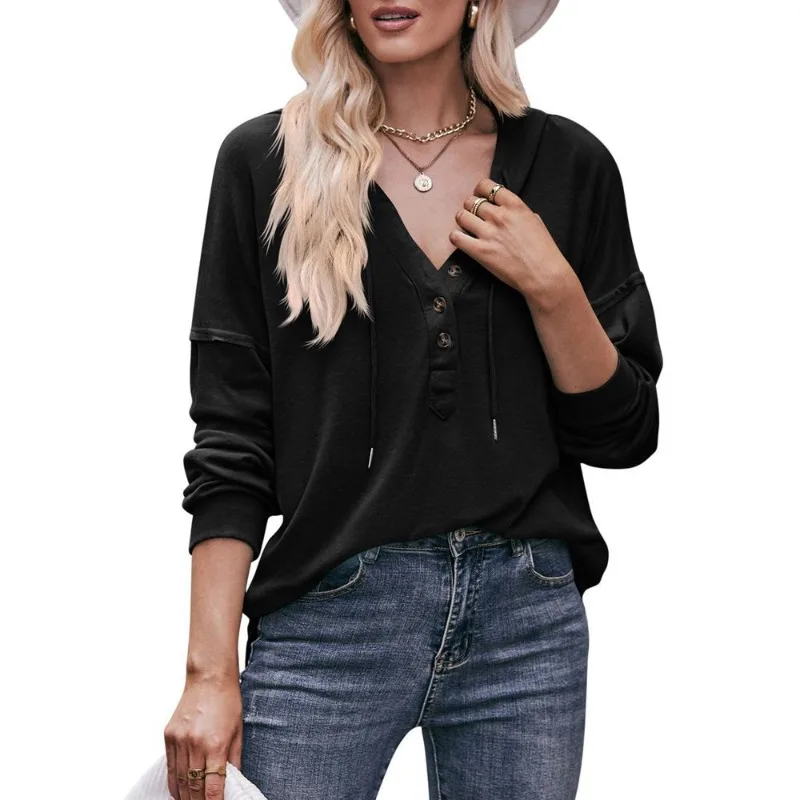 Women's Autumn Winter New Solid Color Long Sleeve V-Neck Hoodie Pull Rope Sweatshirts Casual Loose Female Clothing Pullover Top