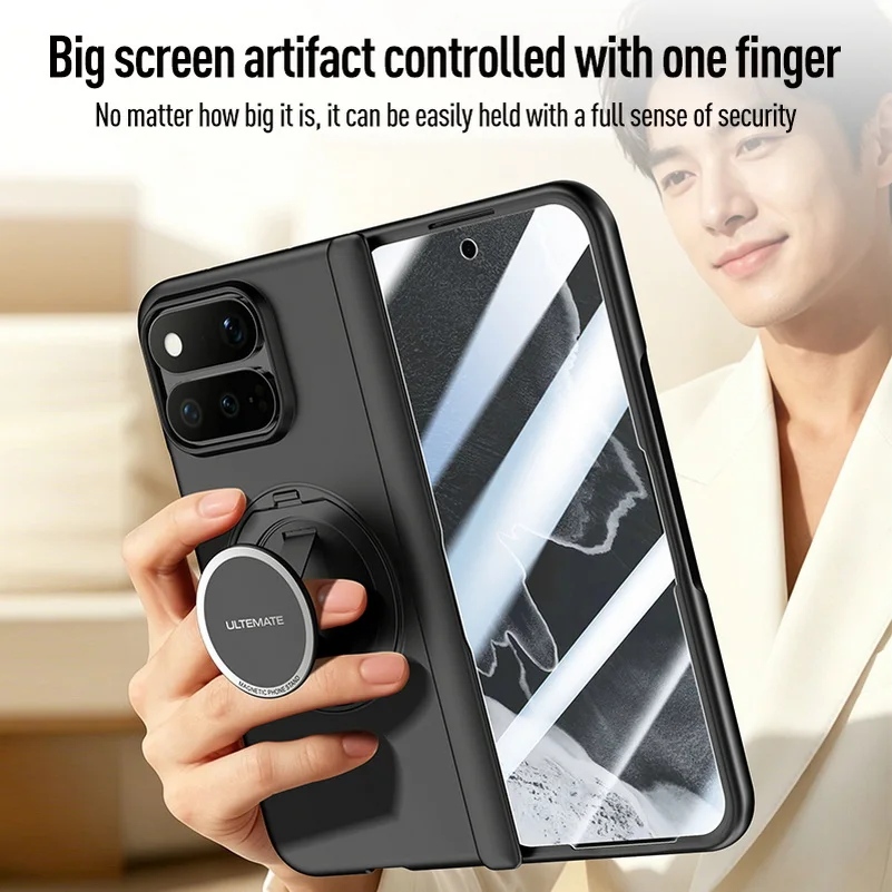 Magnetic Rebound Handheld Rotating Stand Phone Case with Glass Screen Hinge Protection