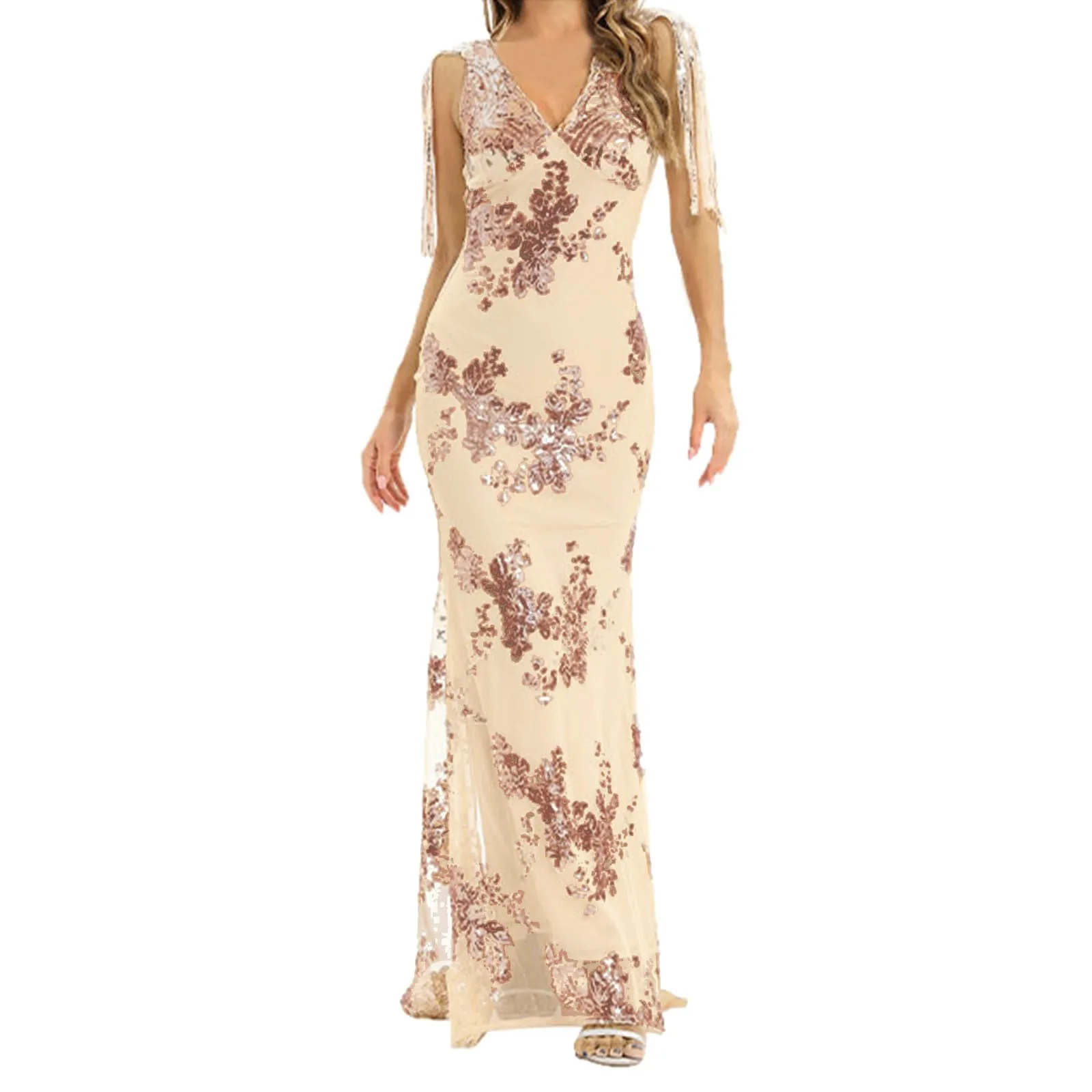 

Women's Formal Dresses Floral Embroidery Mesh Glitter Sparkly Sequins Beaded Tassel Floor Length Dresses Evening Cocktail Dress