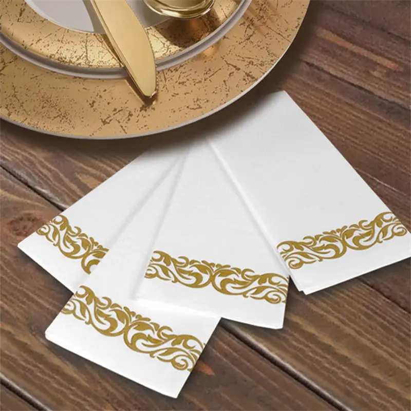 

50Pcs Disposable Hand Towels Table Paper Napkins Elegant Tissue Vintage Towel White Foil Gold Birthday Wedding Party Home Decor