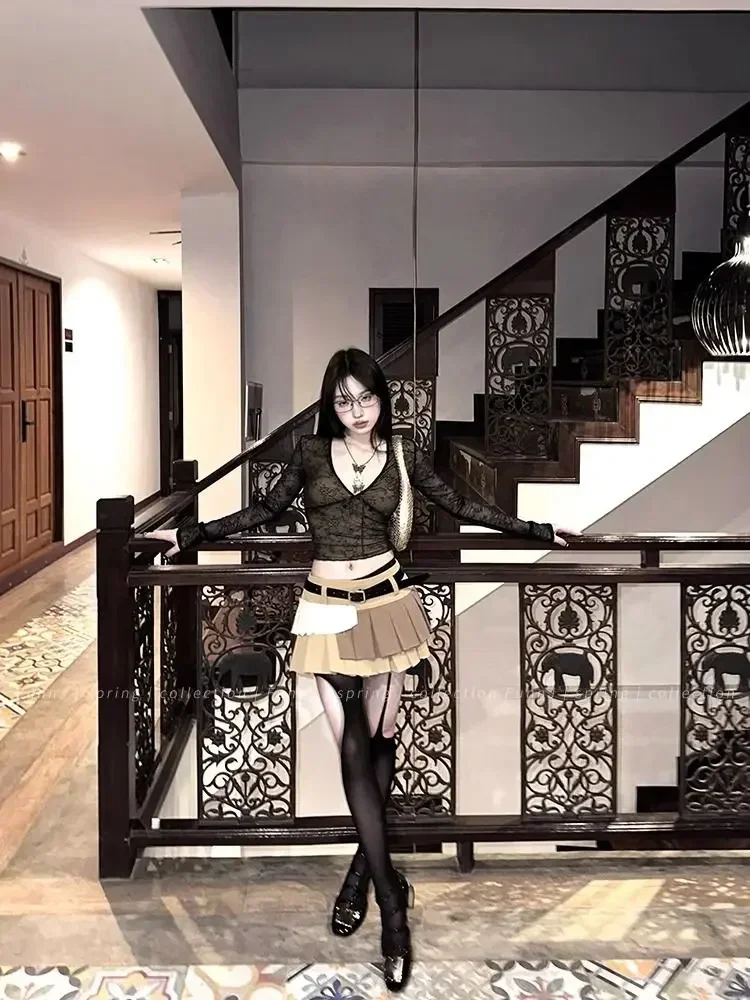 Korean Fashion Crop Top y2k Aesthetic Sweet Lace Patchwork Long Sleeve T Shirt with Bow 2000s Women Clothes Streetwear